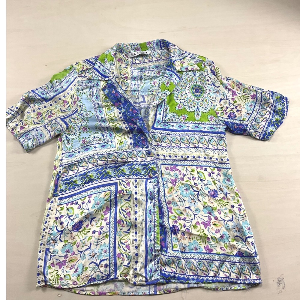Zara Womens Patchwork Paisley Floral Short Sleeve Button Down Shirt Blue Green S